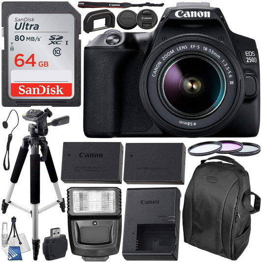 SSE Canon EOS 250D (Rebel SL3) DSLR Camera with 18-55mm DC III Lens & Essential Accessory Bundle ? Includes: SanDisk Ultra 64GB SDXC Memory Card, Extended Life Battery, Slave Flash, 57? Tripod & More