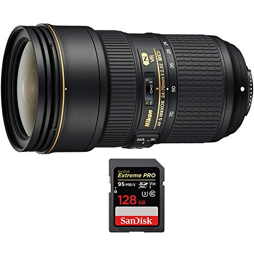 Nikon 24-70mm f/2.8E ED VR AF-S NIKKOR Zoom Lens for Nikon Digital SLR Cameras (20052) with Sandisk Extreme PRO SDXC 128GB UHS-1 Memory Card