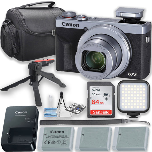 Canon PowerShot G7 X Mark III Digital Camera (Silver) with LED Video Light + Two Extra Batteries + 64GB Memory Card + Tripod + Case & More (Renewed)