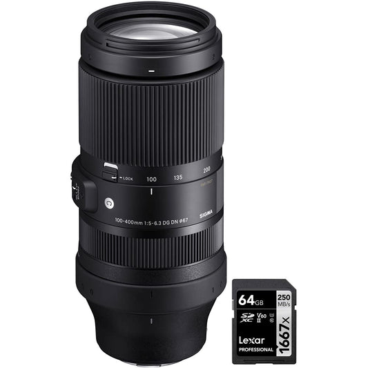 Sigma 750965 100-400mm F5-6.3 DG DN OS Contemporary Full Frame Lens for Sony E Mount Bundle with Lexar Professional SDHC/SDXC 1667x UHS-II 64GB Memory Card