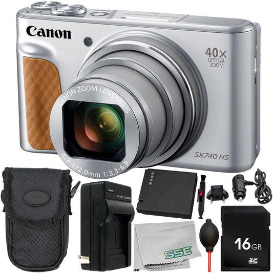 Canon PowerShot SX740 HS Digital Camera (Silver) 9PC Bundle - Includes Replacement Battery + AC/DC Rapid Home & Travel Charger + More