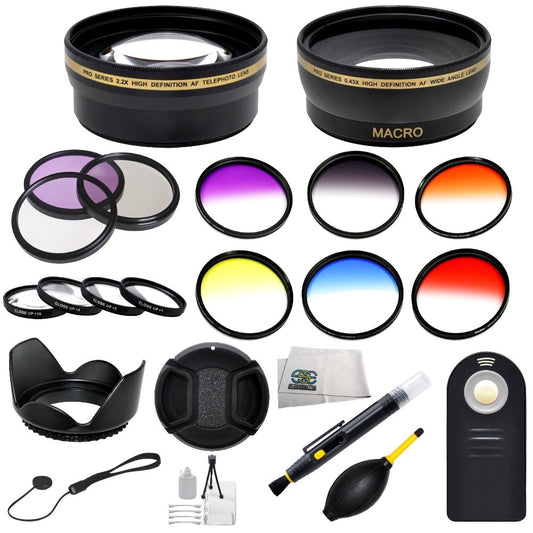 Professional Accessory Kit for Nikon DSLR D3300 D3200 D3000 D5500 D5300 D5200 D5100 D5000 D90 D80 D7000 D7100 D7200 Includes 0.43x Wide Angle & 2.2x Telephoto Lenses + 3 Piece Filter Kit (UV-FLD-CPL) + 4 Piece Macro Filter Kit (+1,+2,+4,+10) + 6 Piece Col