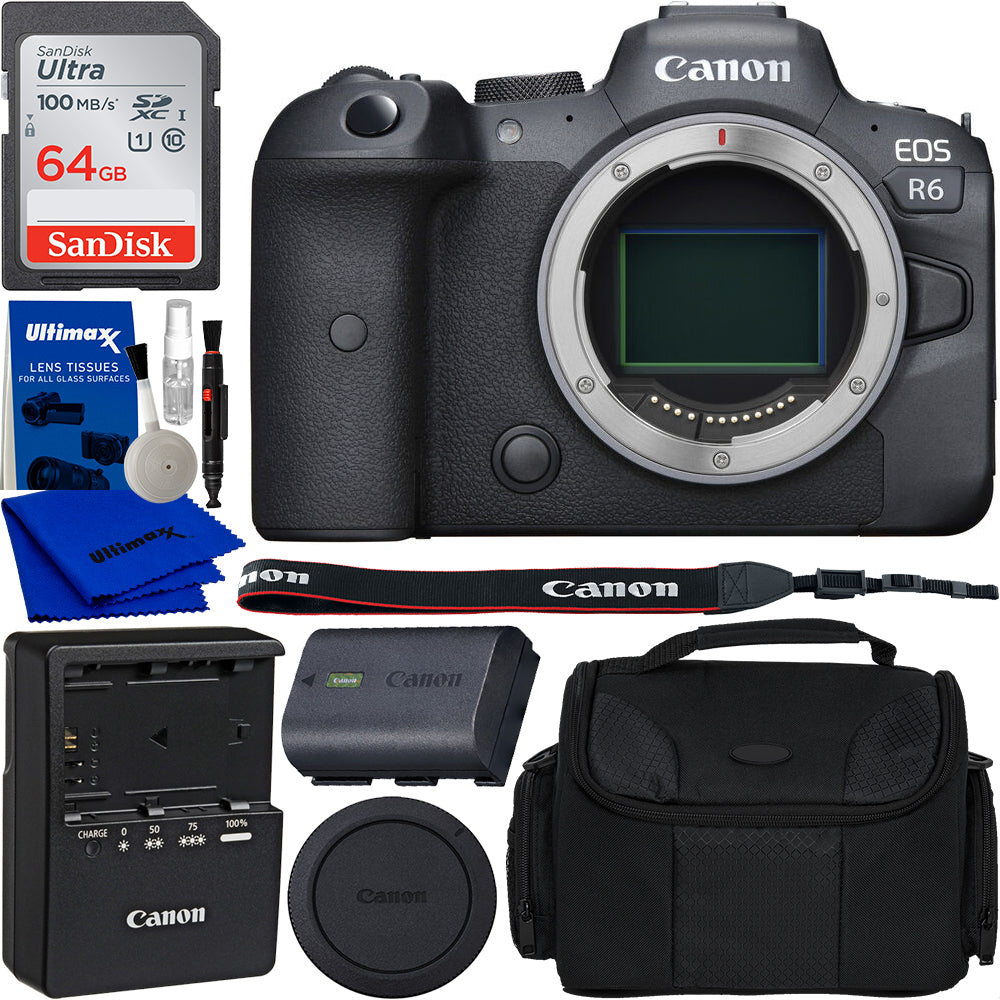 Canon EOS R6 Mirrorless Digital Camera (Body) with Starter Accessory Bundle. Bundle Includes: 64GB Ultra Memory Card, 1x Canon LP-E6NH Battery, Battery Charger for LP-E6NH Batteries, Soft Padded Carrying Case, and More