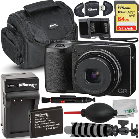 Ricoh GR IIIx Digital Camera with Essential Accessory Bundle: SanDisk 64GB Extreme SDXC, Extended Life Replacement Battery with Rapid Travel Charger & More (16pc Bundle)
