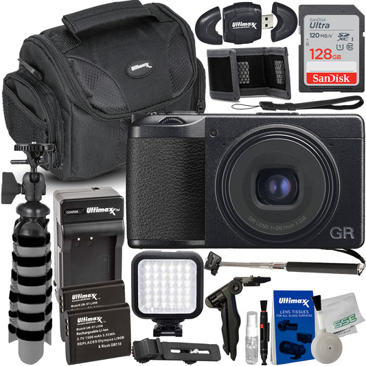 Ricoh GR IIIx Digital Camera with Advanced Accessory Bundle: SanDisk 128GB Ultra SDXC, 2x Extended Life Replacement Batteries, LED Light Kit with Bracket & Much More (22pc Bundle)