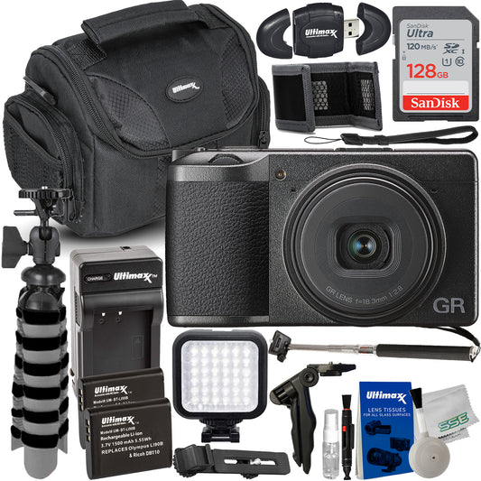 Ricoh GR III Digital Camera with Advanced Accessory Bundle: SanDisk 128GB Ultra SDXC, 2x Extended Life Replacement Batteries, LED Light Kit with Bracket & Much More (24pc Bundle)