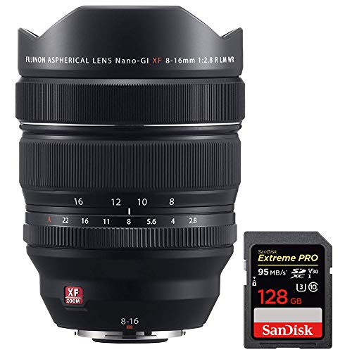 Fujifilm 16591570 XF8-16mm F2.8 R LM WR Lens Bundle with Sandisk Extreme PRO SDXC 128GB UHS-1 Memory Card