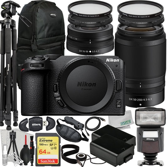 Nikon Z30 Mirrorless Camera with 16-50mm & 50-250mm Lenses + Deluxe Accessory Bundle: SanDisk 64GB Extreme SDXC, Universal Speedlite, 60” Tripod, 2x Batteries & Much More (33pc Bundle)