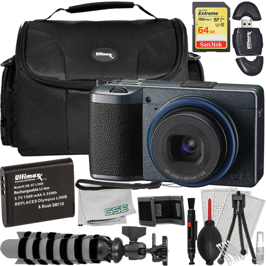Ultimaxx Essential Bundle + Ricoh GR IIIx Urban Edition Digital Camera + SanDisk 64GB Extreme SDXC, Extended Life Replacement Battery & More (18pc Bundle)