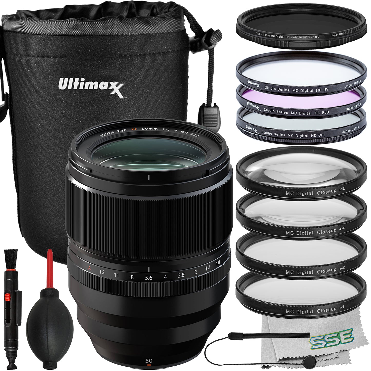 Ultimaxx Essential Bundle + FUJIFILM XF 50mm f/1.0 R WR Lens + Variable Neutral Density Filter (ND2-ND400), Water-Resistant Lens Pouch & More (18pc Bundle)