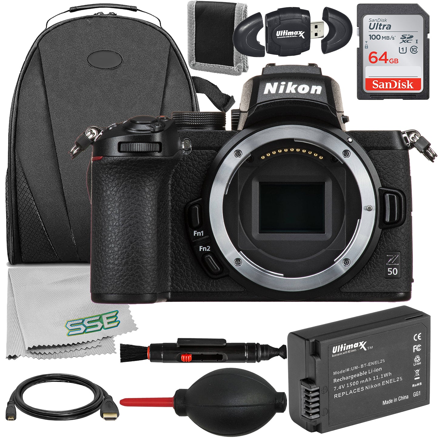 Ultimaxx Essential Nikon Z50 (Body Only) Bundle - Includes: 64GB Ultra Memory Card, Extended Life Replacement Battery, Water-Resistant Camera Backpack & More (16pc Bundle)