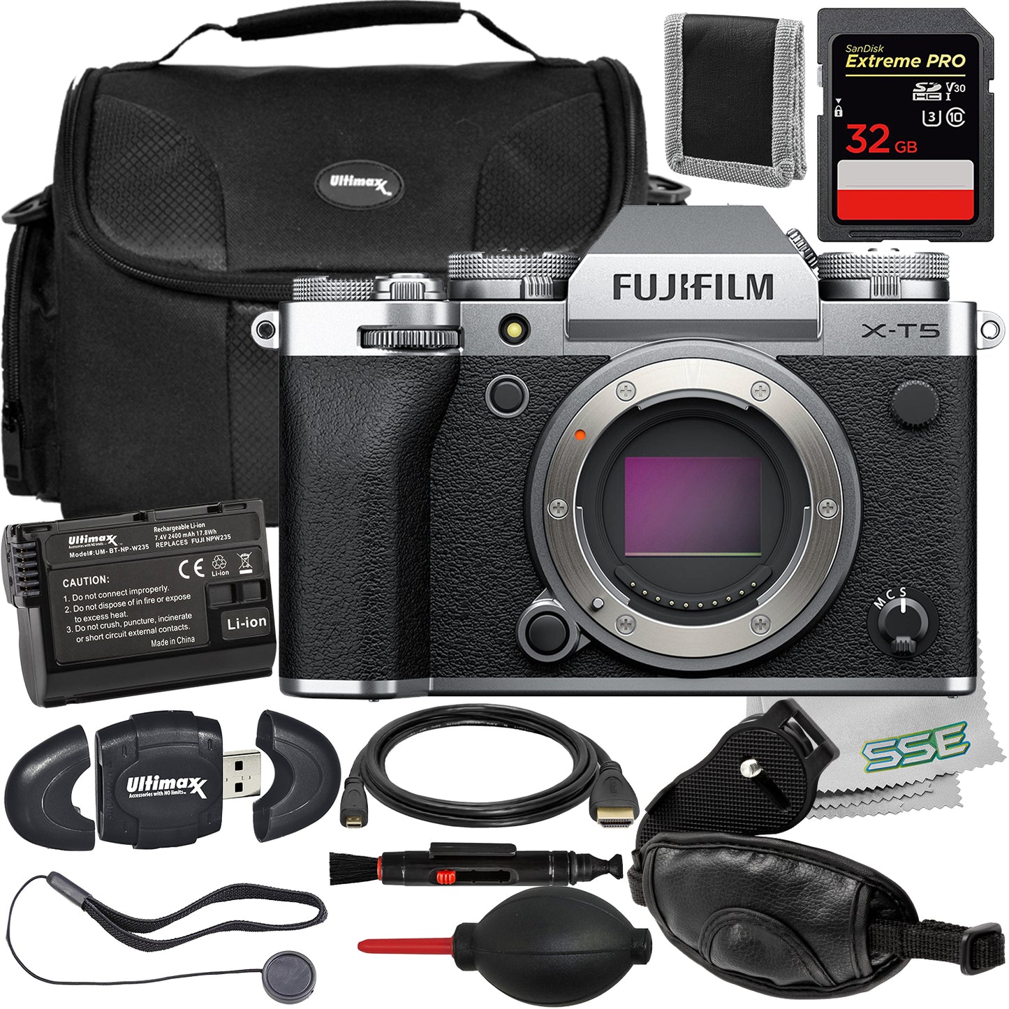 Ultimaxx Essential FUJIFILM X-T5 (Silver, Body Only) Bundle - Includes: 32GB Extreme Pro Memory Card, Water-Resistant Gadget Bag, Replacement Battery & More (20pc Bundle)