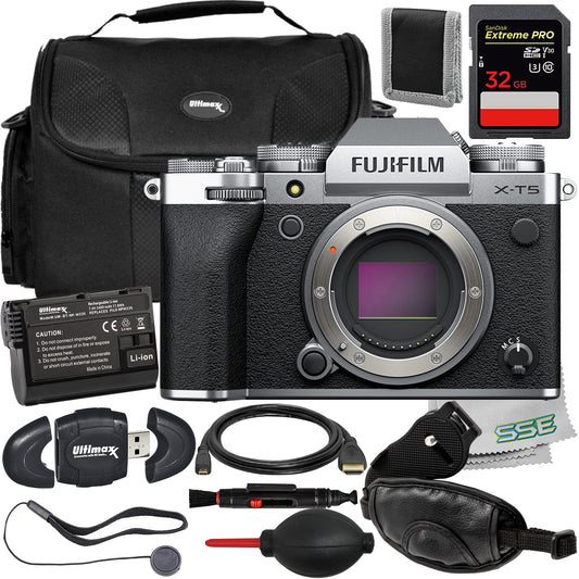 Ultimaxx Essential FUJIFILM X-T5 (Silver, Body Only) Bundle - Includes: 32GB Extreme Pro Memory Card, Water-Resistant Gadget Bag, Replacement Battery & More (20pc Bundle)