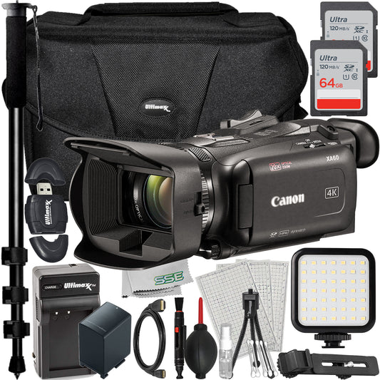 Ultimaxx Essential Canon XA60 Camcorder Bundle - Includes: 2x 64GB Ultra Memory Cards, Spare Battery with Travel Charger, Lightweight Monopod & Much More (23pc Bundle)