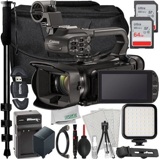 Ultimaxx Essential Canon XA65 Camcorder Bundle - Includes: 2x 64GB Ultra Memory Cards, Ultra-Bright LED Light Kit, Spare Battery with Travel Charger, & Much More (23pc Bundle)