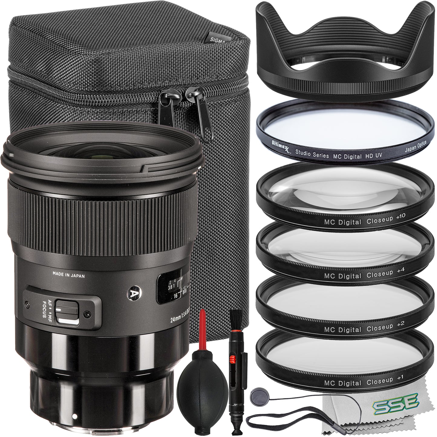 Ultimaxx Essential Sigma 24mm f/1.4 Art Lens Bundle (E-Mount) - Includes: 4PC Macro Close-Up Filter Kit (+1, +2, +4, +10 Diopter), Protective UV Filter, Universal Lens Cap Keeper & More (14pc Bundle)