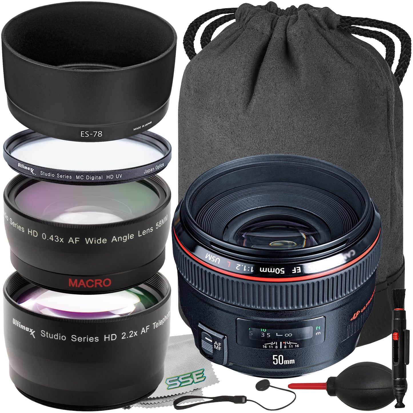 Ultimaxx Essential Canon EF 50mm f/1.2L USM Autofocus Lens Bundle - Includes: Protective UV Filter, 0.43x Wide-Angle Lens Attachment & More (12pc Bundle)