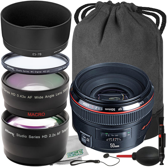Ultimaxx Essential Canon EF 50mm f/1.2L USM Autofocus Lens Bundle - Includes: Protective UV Filter, 0.43x Wide-Angle Lens Attachment & More (12pc Bundle)