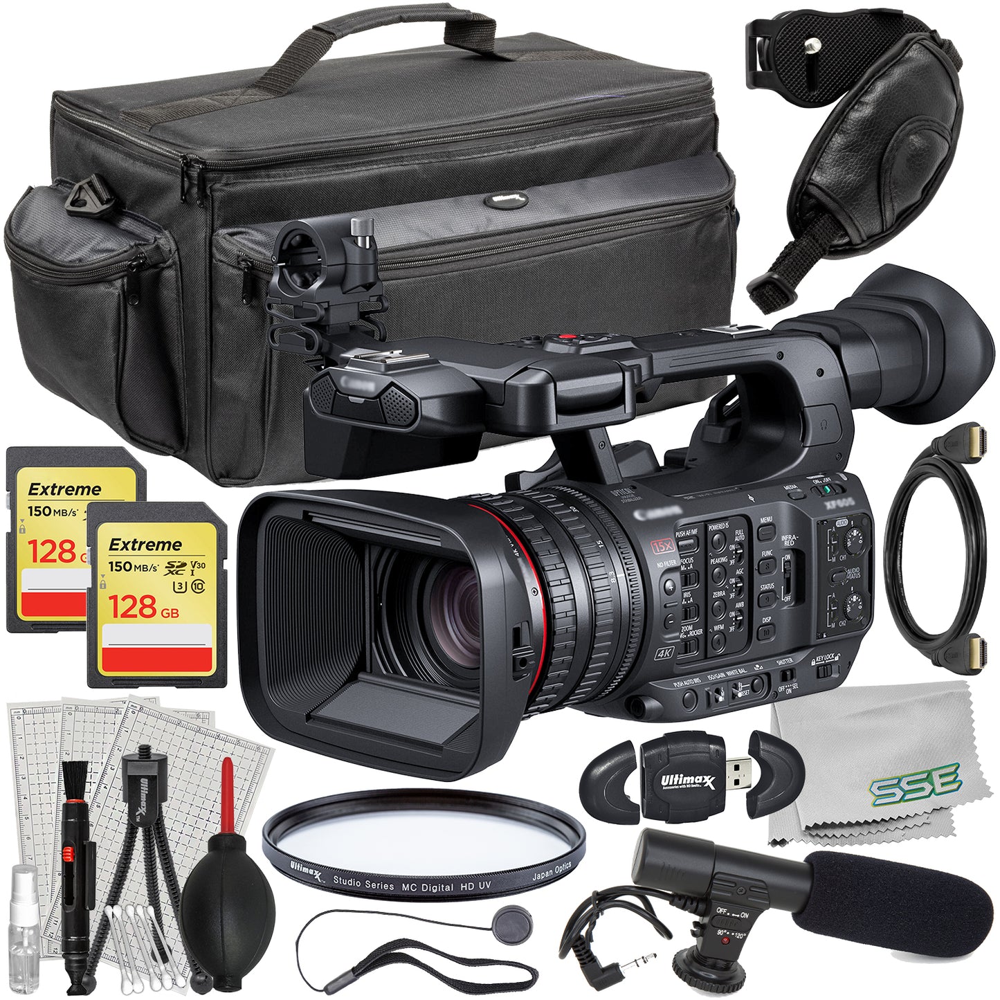 Ultimaxx Essential Canon XF605 UHD 4K HDR Pro Camcorder Bundle - Includes: 2x 128GB Extreme Memory Cards, Mini Condenser Microphone & More (22pc Bundle)