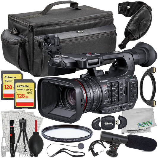Ultimaxx Essential Canon XF605 UHD 4K HDR Pro Camcorder Bundle - Includes: 2x 128GB Extreme Memory Cards, Mini Condenser Microphone & More (22pc Bundle)