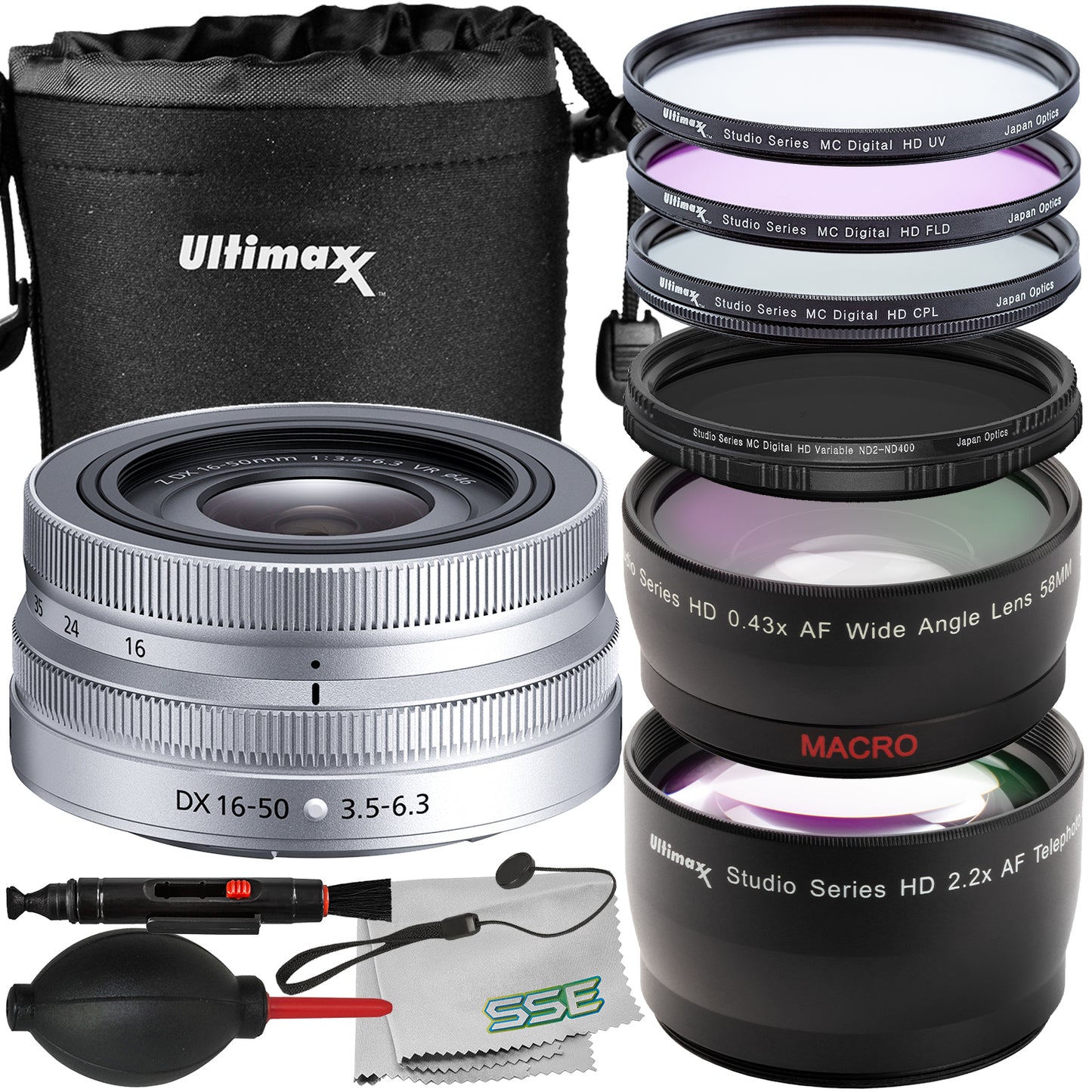 Ultimaxx Advanced Nikon Z DX 16-50mm f/3.5-6.3 VR Lens Bundle (Silver - White Box) - Includes: 3PC Protective Filter Kit, Water-Resistant Pouch & More (14pc Bundle)