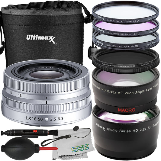 Ultimaxx Advanced Nikon Z DX 16-50mm f/3.5-6.3 VR Lens Bundle (Silver - White Box) - Includes: 3PC Protective Filter Kit, Water-Resistant Pouch & More (14pc Bundle)