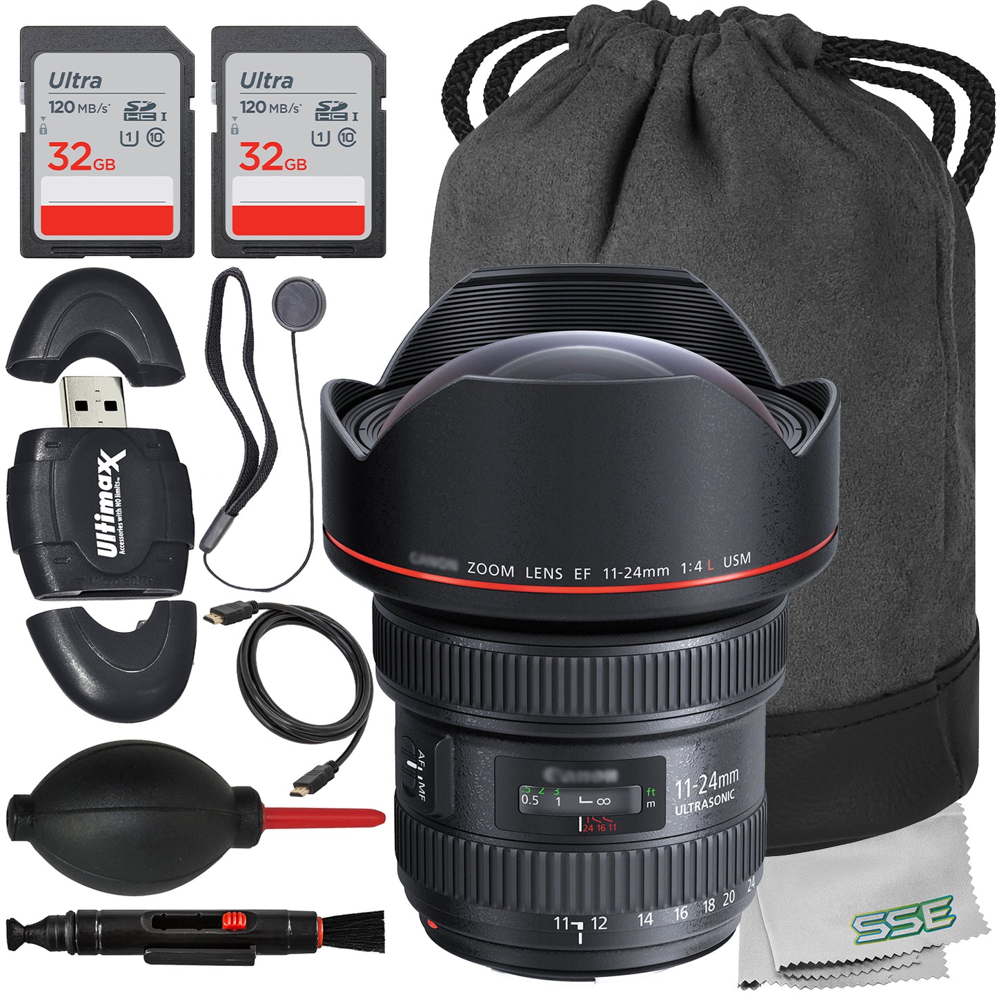 Ultimaxx Essential Canon EF 11-24mm f/4L USM Lens Bundle - Includes: 2x 32GB Ultra Memory Cards, Universal Lens Cap Keeper, Lens Case & More (12pc Bundle)