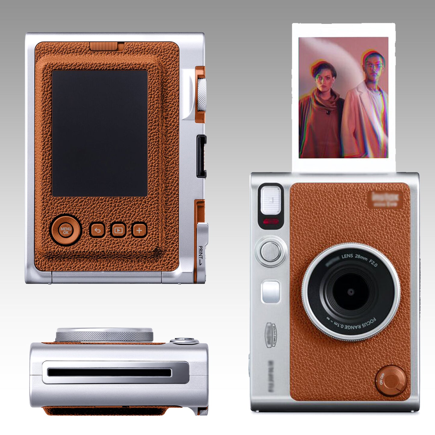 Ultimaxx Advanced FUJIFILM INSTAX MINI EVO Hybrid Instant Camera Bundle (Brown): 64GB Extreme microSD Memory Card, Mini Tripod, Ultra-Bright LED Light Kit & Much More (15pc Bundle)