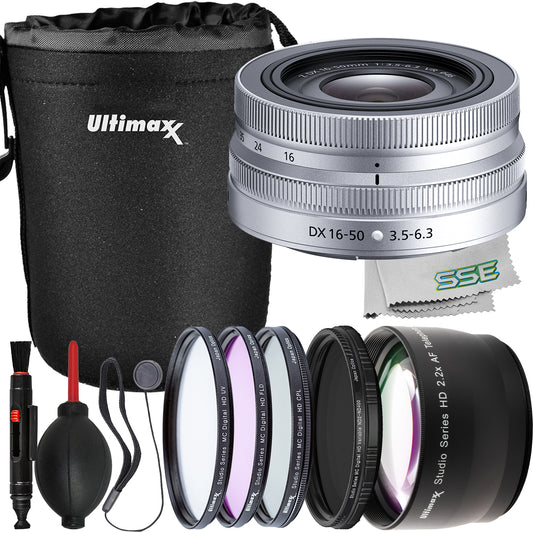 Ultimaxx Essential Nikon Z DX 16-50mm f/3.5-6.3 VR Lens Bundle (Silver) - Includes: Variable Neutral Density Filter (ND2-ND400), Lens Pouch & More (13pc Bundle)