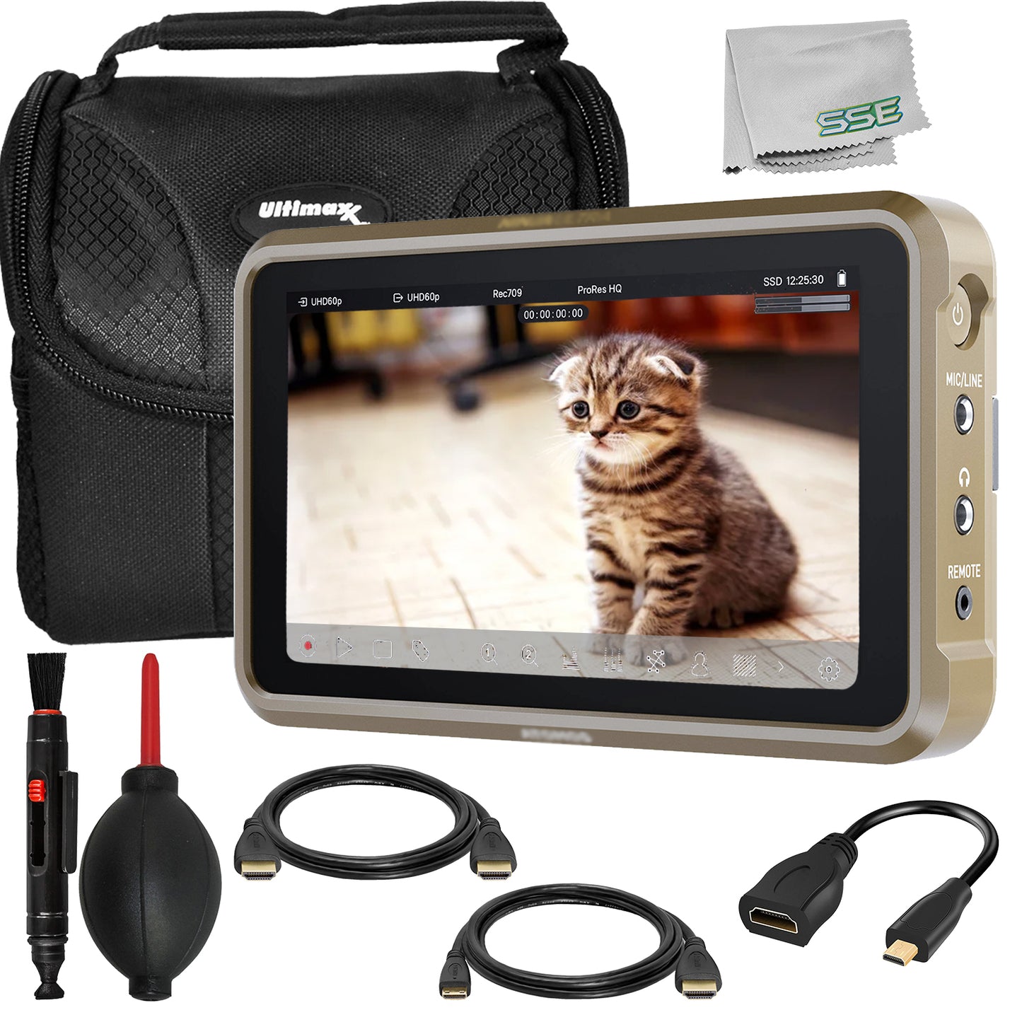 Ultimaxx Basic Atomos Ninja Ultra 5.2” 4K HDMI Recording Monitor Bundle - Includes: Water-Resistant Gadget Bag & More (10pc Bundle)