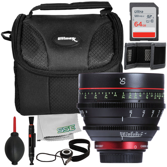 Ultimaxx Essential Canon CN-E 50mm T1.3 L F Cinema Prime Lens Bundle - Includes: 64GB Ultra Memory Card, Water-Resistant Gadget Bag & More (8pc Bundle)