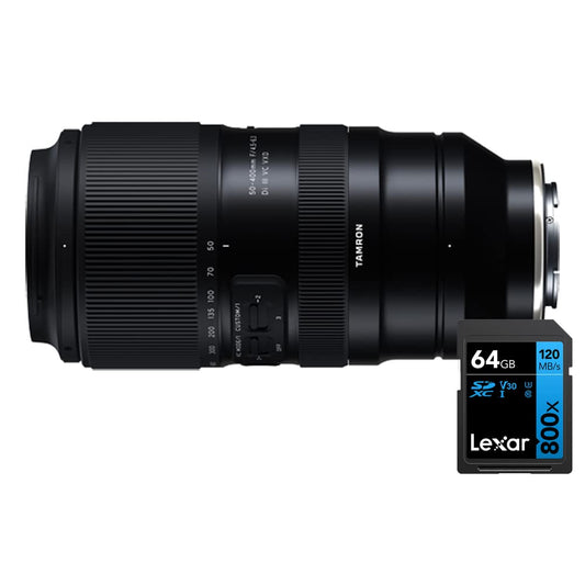 Tamron AFA067S700 50-400mm F/4.5-6.3 Di III VC VXD Telephoto Lens for Sony E-Mount Bundle with Lexar 64GB High-Performance 800x UHS-I SDHC Memory Card Blue Series