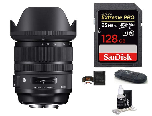 Sigma 24-70mm f/2.8 DG OS HSM Art Lens for Nikon F, SanDisk 128GB Extreme PRO UHS-I SDXC Memory Card and More (5 Items)