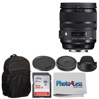 Sigma 24-70mm f/2.8 DG OS HSM Art Lens for Nikon F (576955) + Deluxe Digital Camera/Lens Padded Backpack + 32GB Memory Card + Photo4Less Cleaning Cloth - Top Value Basic Lens Accessory Bundle