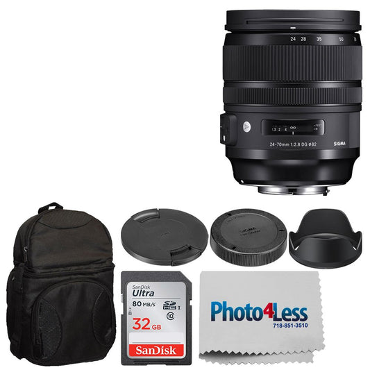 Sigma 24-70mm f/2.8 DG OS HSM Art Lens for Nikon F (576955) + Deluxe Digital Camera/Lens Padded Backpack + 32GB Memory Card + Photo4Less Cleaning Cloth - Top Value Basic Lens Accessory Bundle