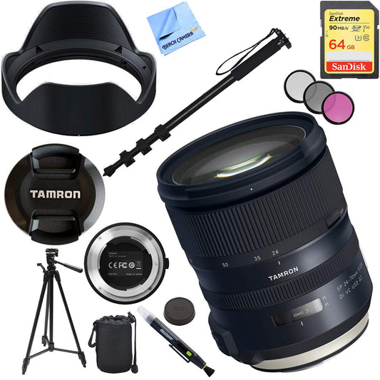 Tamron SP 24-70mm f/2.8 Di VC USD G2 Lens for Canon Mount Bundle with TAP-in Console Lens Accessory, 64GB Memory Card, 60 Inch Tripod, Monopod, 82mm Filter Kit, Lens Cleaning Pen, Lens Bag and Cloth