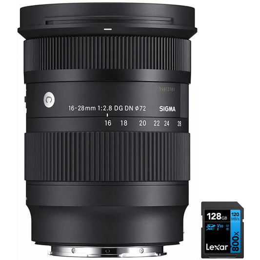 Sigma 206965 16-28mm F2.8 DG DN Contemporary Lens for Sony E Mount Bundle with Lexar 128GB High-Performance 800x UHS-I SDXC Memory Card