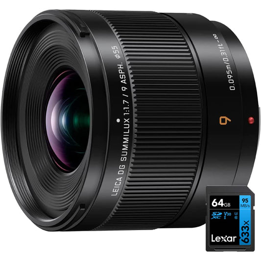 Panasonic H-X09 Leica DG Summilux 9mm f/1.7 ASPH Lens Bundle with Lexar Professional 633x 64GB UHS-1 Class 10 SDXC Memory Card