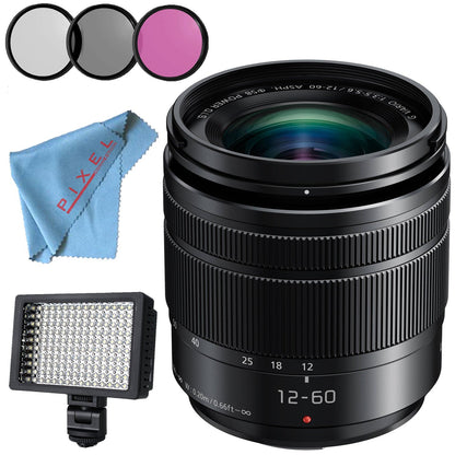 Panasonic Lumix G Vario H-FS12060 12-60mm f/3.5-5.6 ASPH. Power O.I.S. Lens + 58mm 3 Piece Filter Kit + Professional 160 LED Video Light Studio Series + Fibercloth Bundle