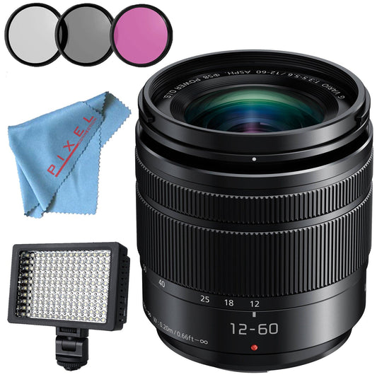 Panasonic Lumix G Vario H-FS12060 12-60mm f/3.5-5.6 ASPH. Power O.I.S. Lens + 58mm 3 Piece Filter Kit + Professional 160 LED Video Light Studio Series + Fibercloth Bundle
