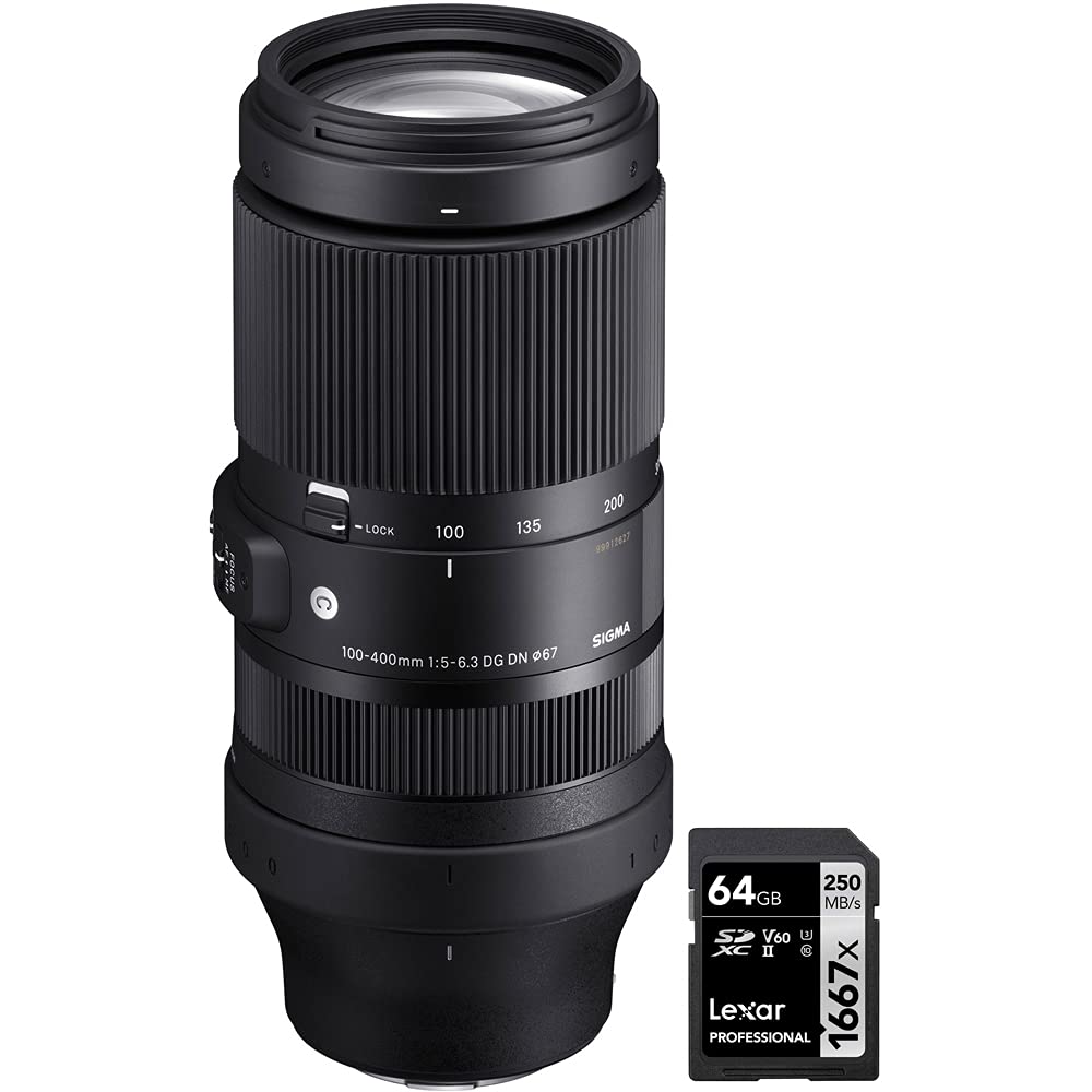 Sigma 750965 100-400mm F5-6.3 DG DN OS Contemporary Full Frame Lens for Sony E Mount Bundle with Lexar Professional SDHC/SDXC 1667x UHS-II 64GB Memory Card