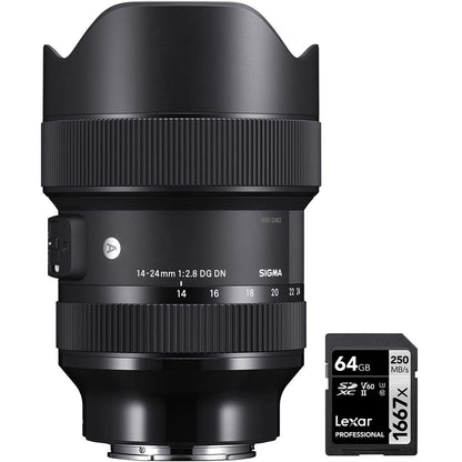 Sigma 213965 14-24mm f/2.8 DG DN Art Lens for Sony E Black Bundle with Lexar Professional SDHC/SDXC 1667x UHS-II 64GB Memory Card