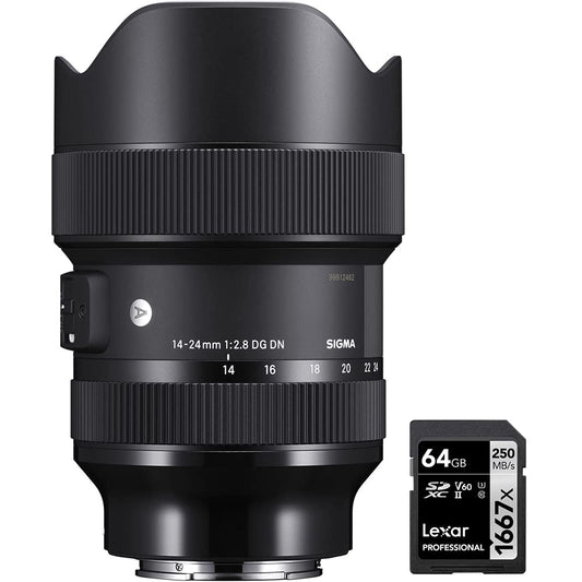 Sigma 213965 14-24mm f/2.8 DG DN Art Lens for Sony E Black Bundle with Lexar Professional SDHC/SDXC 1667x UHS-II 64GB Memory Card