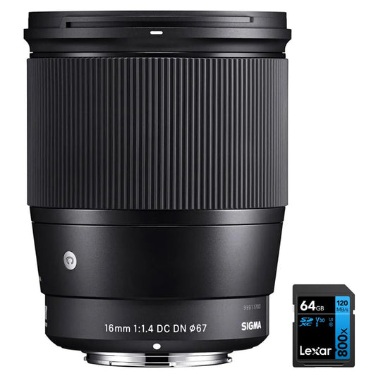 Sigma 402973 16mm F1.4 DC DN Contemporary Telephoto Lens for Nikon Z Bundle with Lexar 64GB High-Performance 800x UHS-I SDXC Memory Card