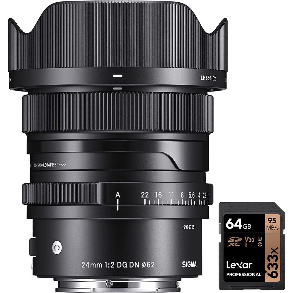 Sigma 403965 24mm f/2 DG DN Contemporary Lens for Sony E Bundle with Lexar Professional 633x 64GB UHS-1 Class 10 SDXC Memory Card