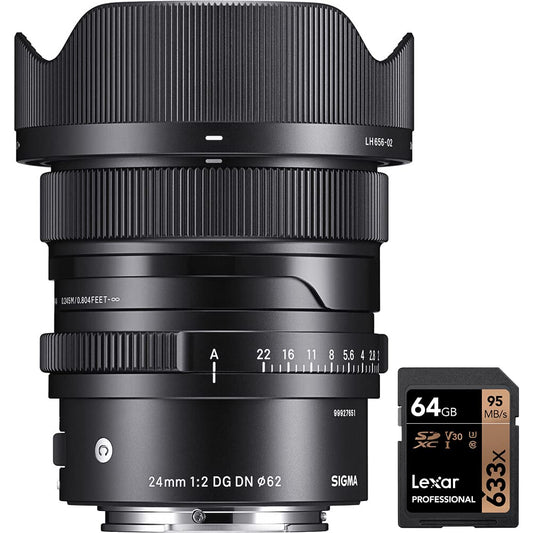 Sigma 403965 24mm f/2 DG DN Contemporary Lens for Sony E Bundle with Lexar Professional 633x 64GB UHS-1 Class 10 SDXC Memory Card