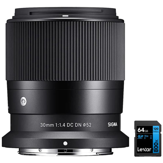Sigma 302973 30mm F1.4 DC DN Contemporary Telephoto Lens for Nikon Z Bundle with Lexar 64GB High-Performance 800x UHS-I SDXC Memory Card