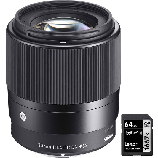 Sigma 302971 30mm F1.4 Contemporary DC DN Lens for Canon M-Mount Bundle with Lexar Professional SDHC/SDXC 1667x UHS-II 64GB Memory Card