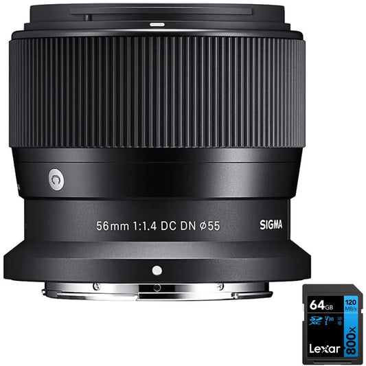 Sigma 351973 56mm F1.4 DC DN Contemporary Telephoto Lens for Nikon Z Mount Bundle with Lexar 64GB High-Performance 800x UHS-I SDXC Memory Card