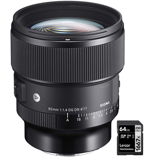 Sigma 322965 85mm F1.4 DG DN Art Lens for Full Frame Sony E-Mount Mirrorless Cameras Bundle with Lexar Professional SDHC/SDXC 1667x UHS-II 64GB Memory Card